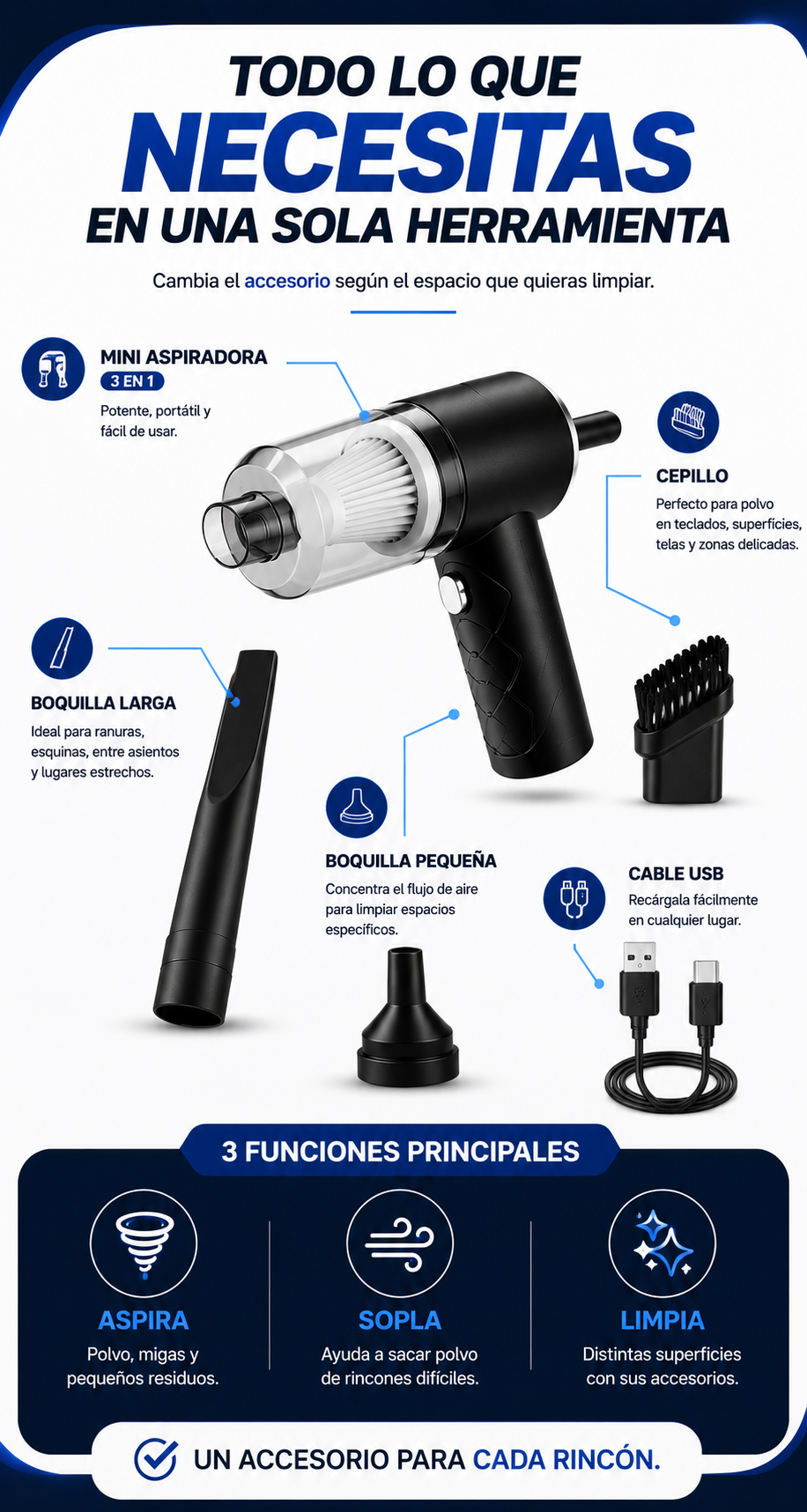 Mini aspiradora Funcional 3 en 1 Vacora