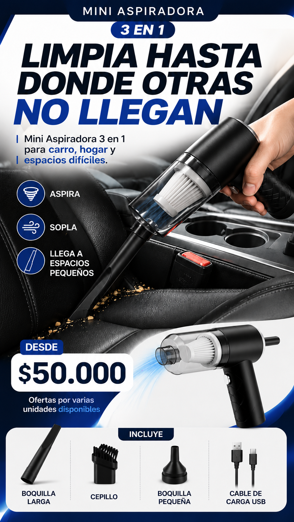 Mini aspiradora Funcional 3 en 1 Vacora